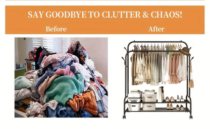 Heavy Duty Double Rod Clothes Rack w/ Wheels Shelves Hooks Garment Rack