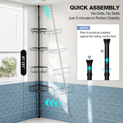 4-Tier Corner Shower Organizer Telescopic Pole Rustproof Bathroom Storage Black