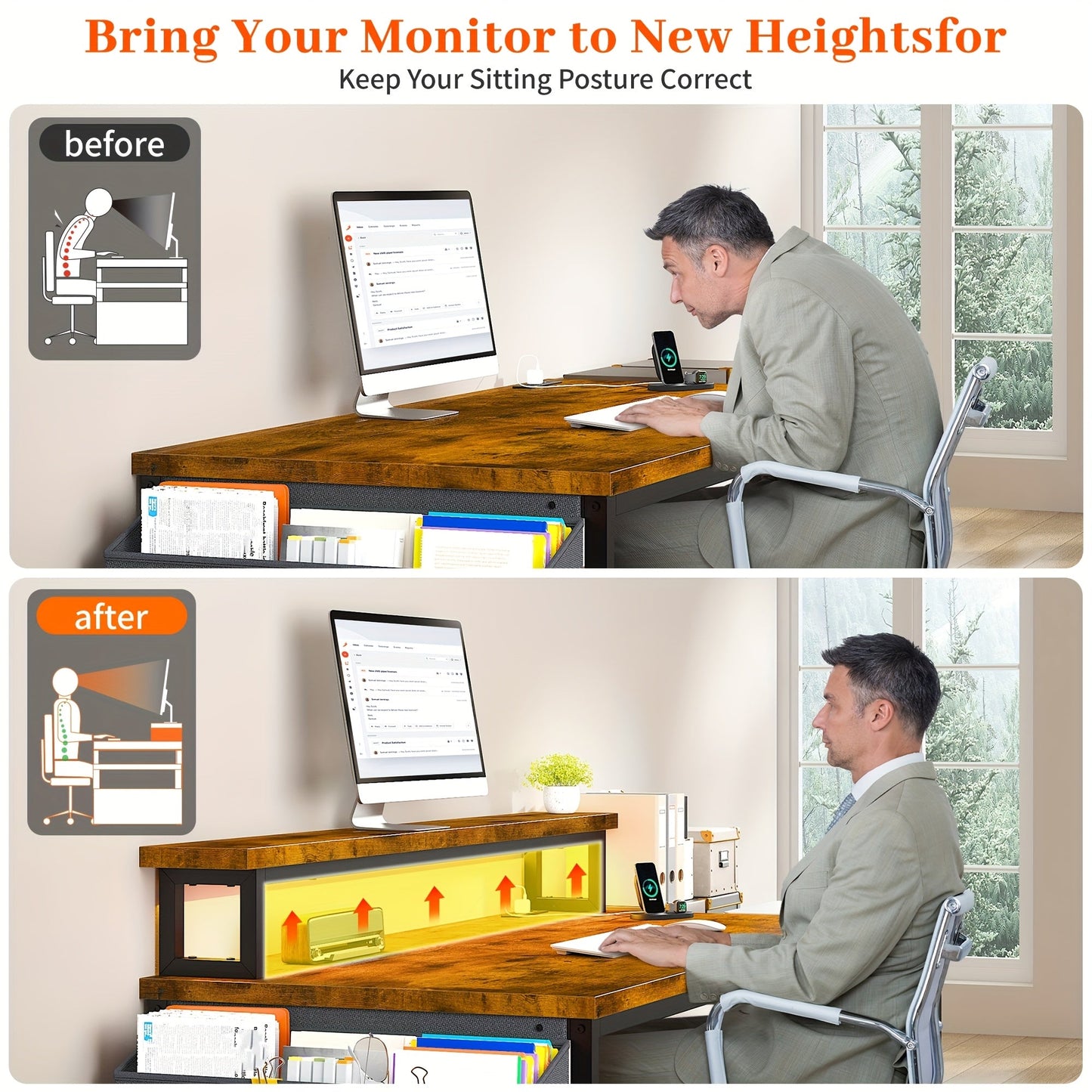 EnHomee 57" Computer Desk w/ Drawers Power Outlets Printer Shelf Home Office