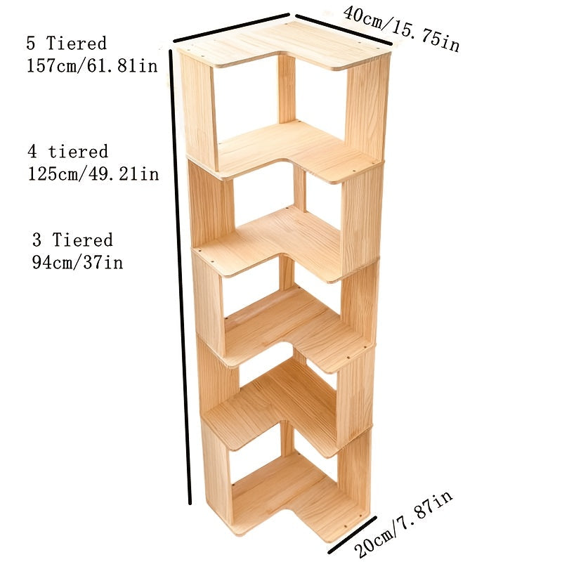 Solid Wood Corner Bookshelf 3/4/5 Tier Rustic Bookcase Storage Shelf Stand