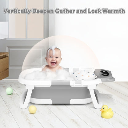 Foldable Baby Bathtub with Thermometer Soft Cushion Portable Baby Bath Tub