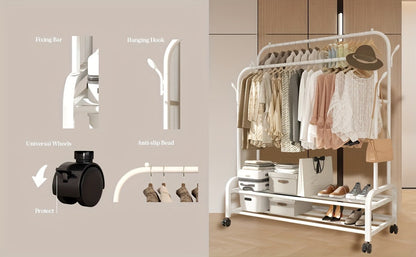 Heavy Duty Double Rod Clothes Rack w/ Wheels Shelves Hooks Garment Rack