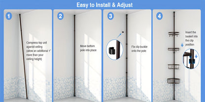 4-Tier Corner Shower Organizer Telescopic Pole Rustproof Bathroom Storage Black