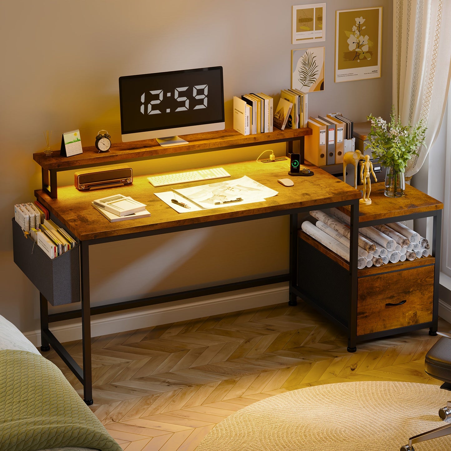 EnHomee 57" Computer Desk w/ Drawers Power Outlets Printer Shelf Home Office
