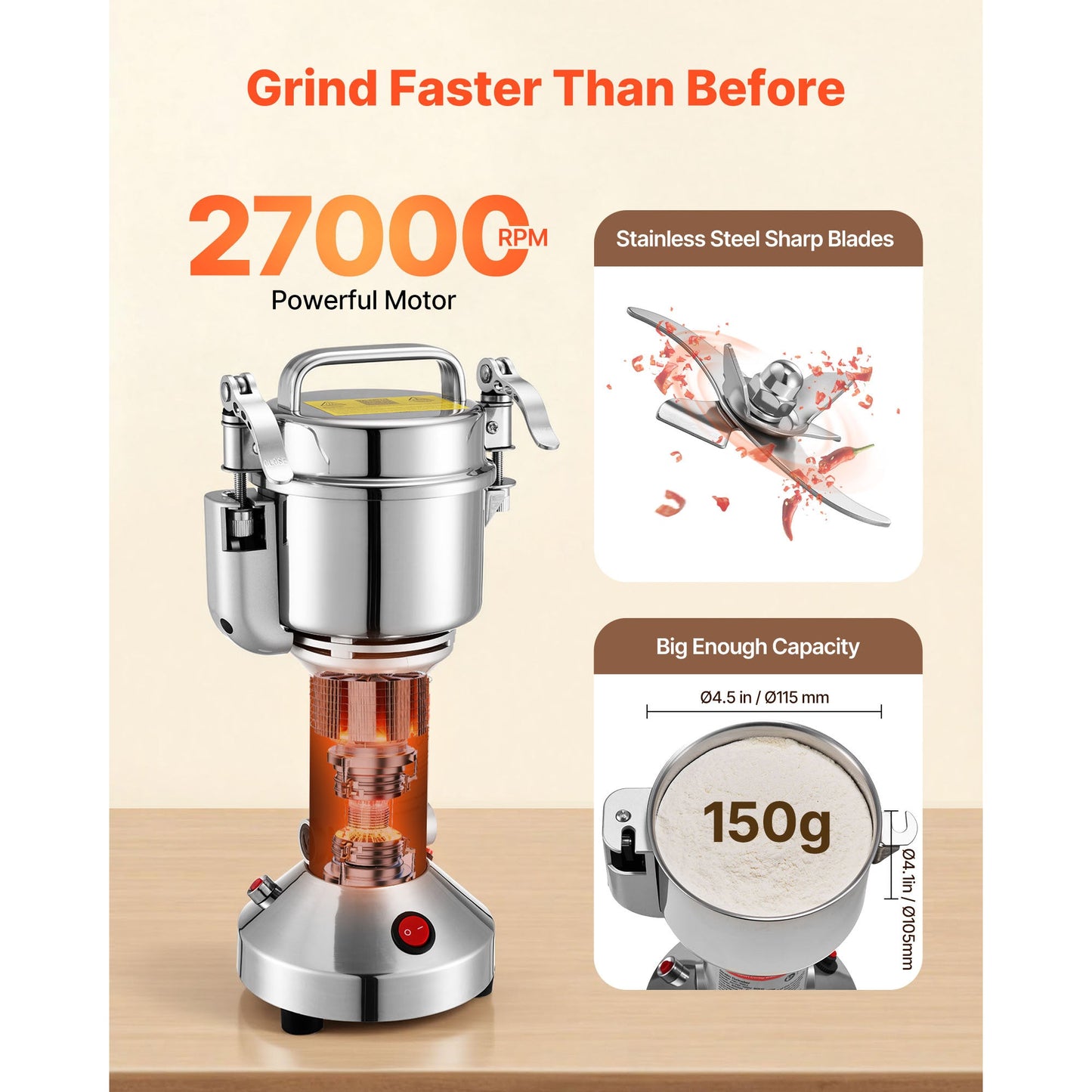 850W Electric Grain Mill Grinder Stainless Steel Spice Coffee Cereal Pulverizer