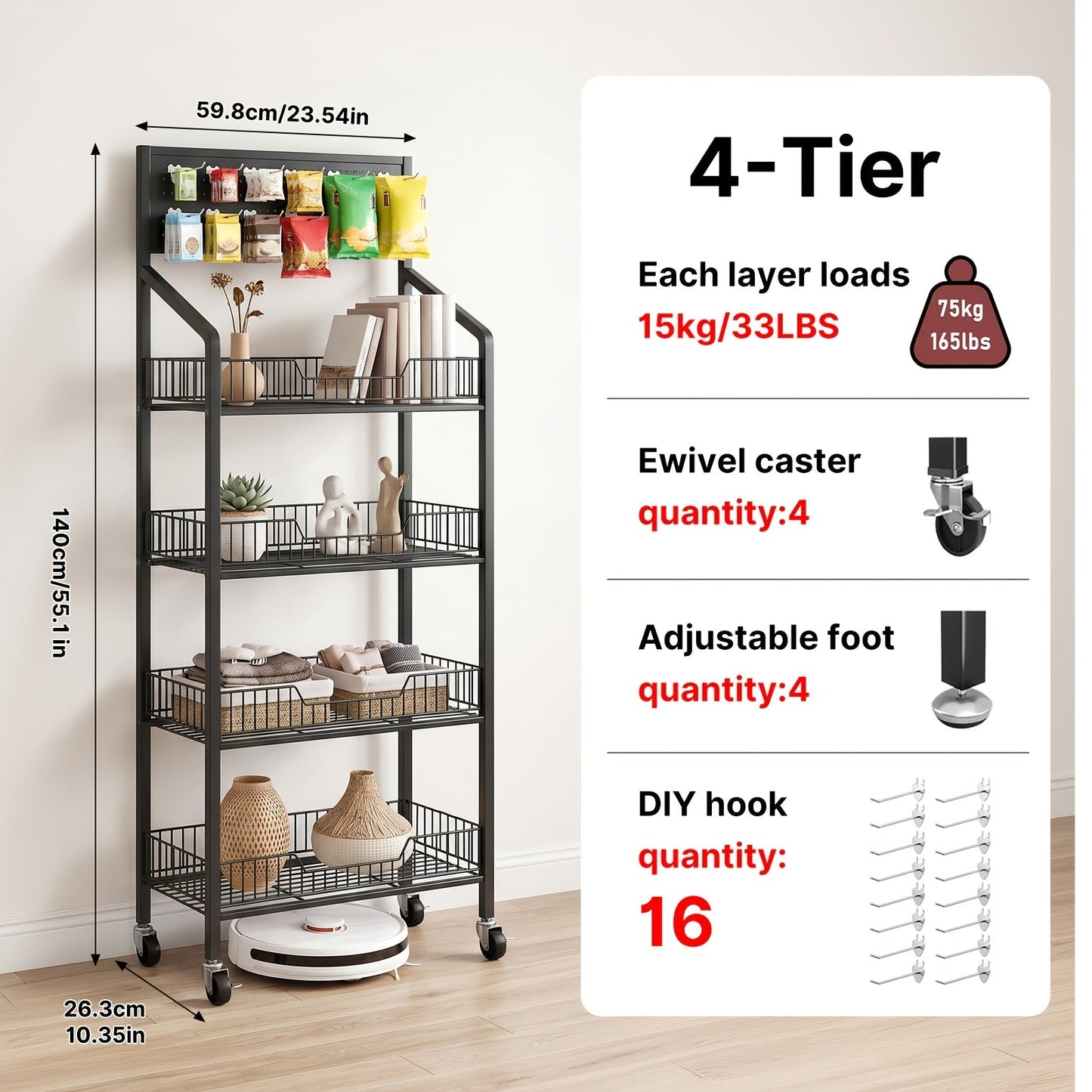 3/4/5 Tier Retail Display Rack Metal Snack Display Stand w/ Hooks & Wheels