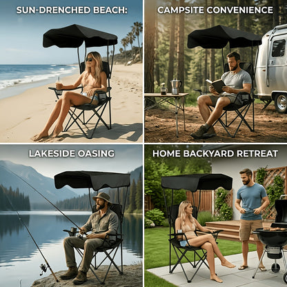 Outdoor Camping Chair w/ Canopy Foldable Portable Chair Cup Holder Carry Bag