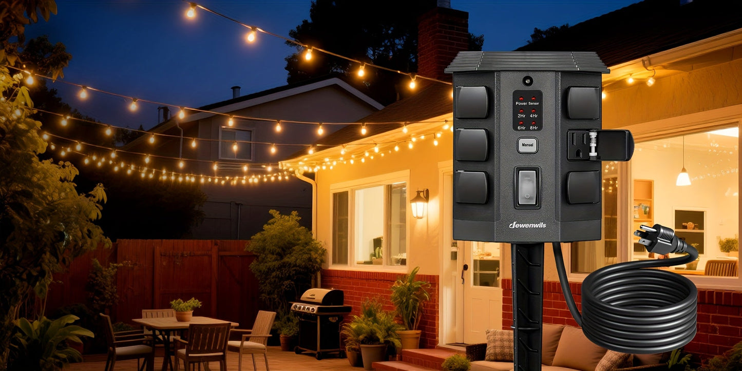 Outdoor Power Stake Timer w/ Remote, 6FT Cord, 6 Outlets, Dusk to Dawn Light Timer