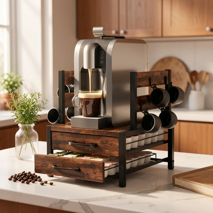 2 Tier Coffee Pod Holder Drawer & Mug Stand K Cup Capsule Storage Organizer Rack