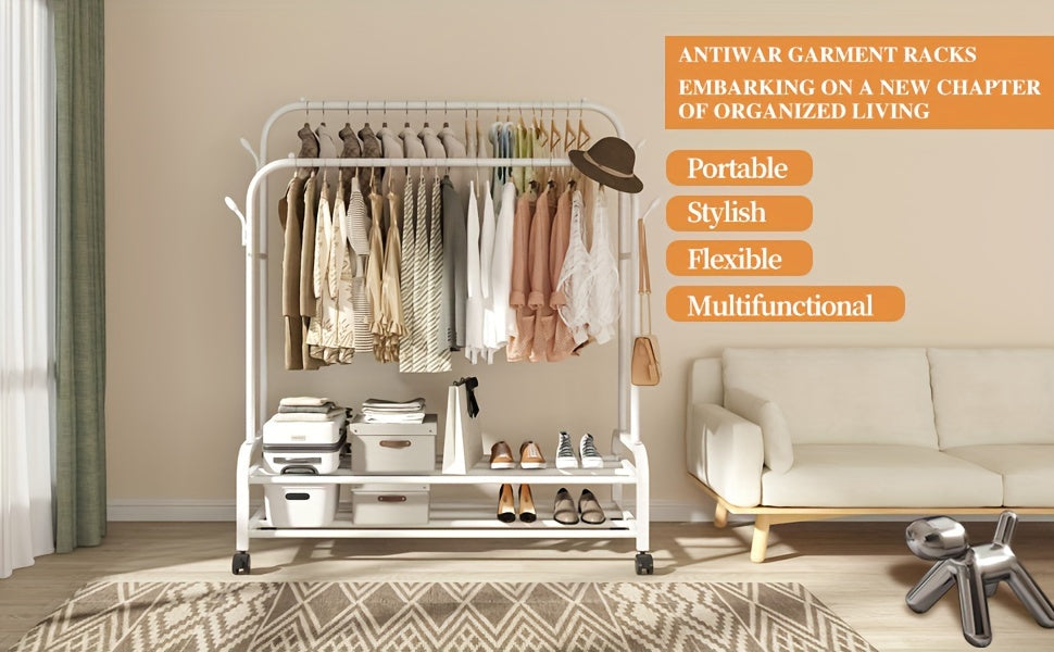 Heavy Duty Double Rod Clothes Rack w/ Wheels Shelves Hooks Garment Rack