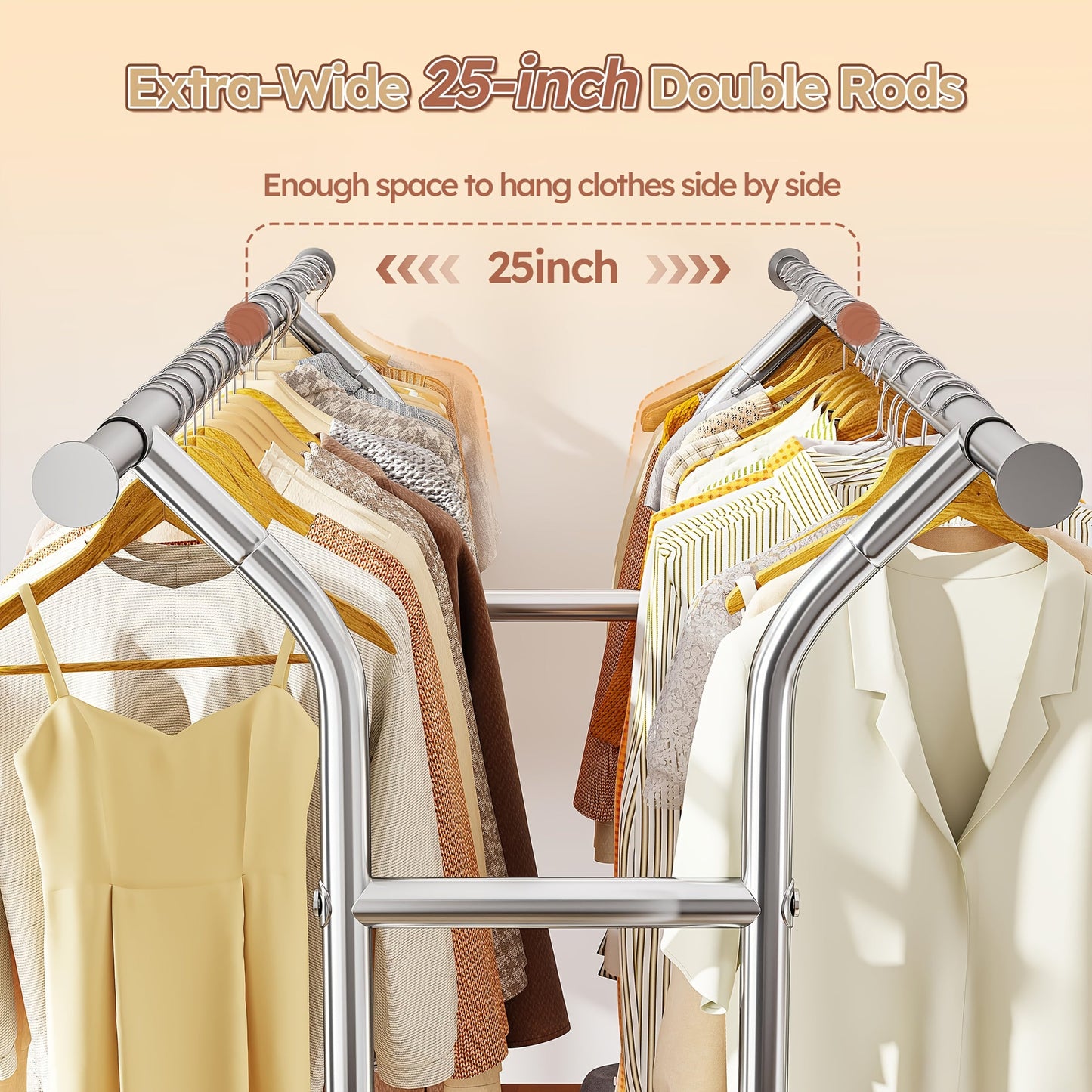 Raybee 74" Heavy Duty Clothes Rack w/ Wheels, Double Rod Adjustable Garment Rack 630LB