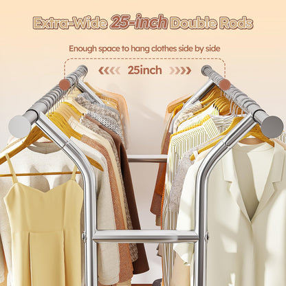 Raybee 74" Heavy Duty Clothes Rack w/ Wheels, Double Rod Adjustable Garment Rack 630LB