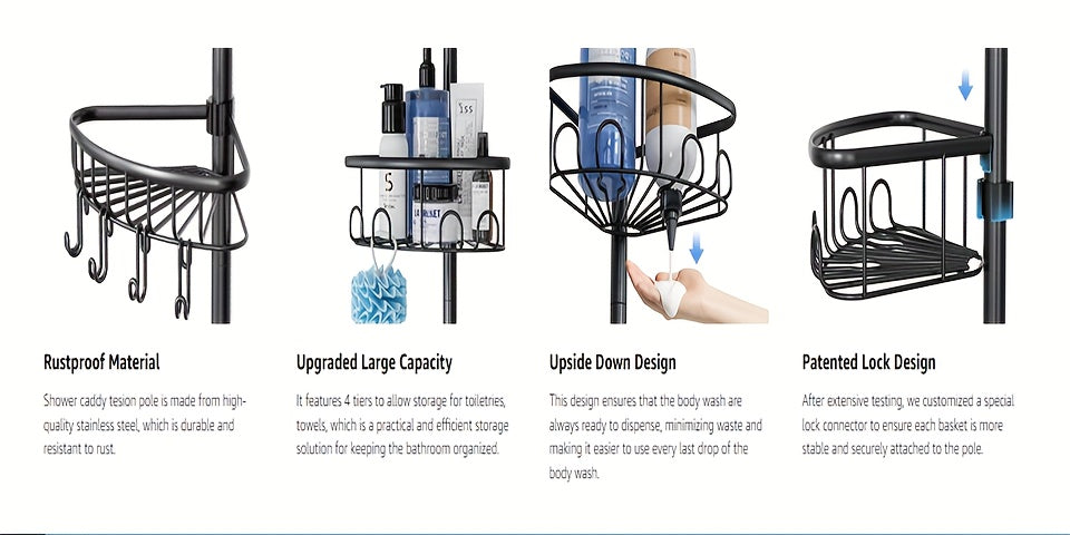 4-Tier Corner Shower Organizer Telescopic Pole Rustproof Bathroom Storage Black