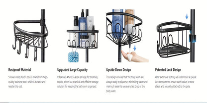 4-Tier Corner Shower Organizer Telescopic Pole Rustproof Bathroom Storage Black