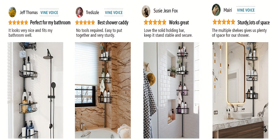 4-Tier Corner Shower Organizer Telescopic Pole Rustproof Bathroom Storage Black