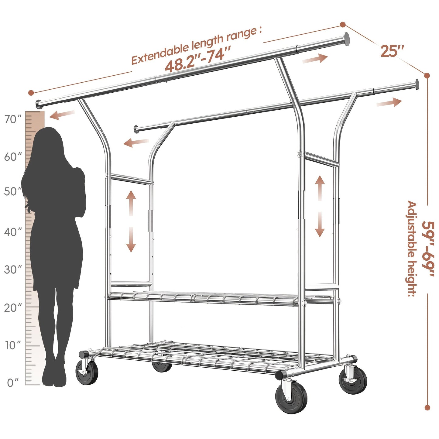 Raybee 74" Heavy Duty Clothes Rack w/ Wheels, Double Rod Adjustable Garment Rack 630LB
