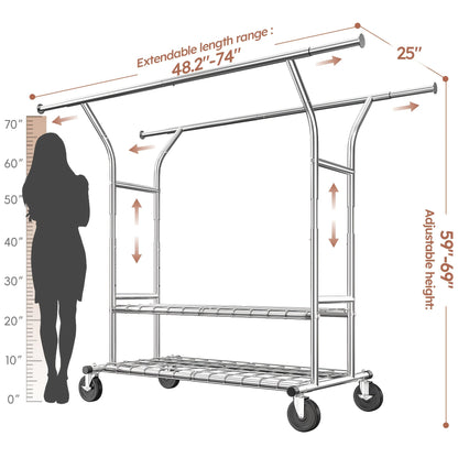 Raybee 74" Heavy Duty Clothes Rack w/ Wheels, Double Rod Adjustable Garment Rack 630LB
