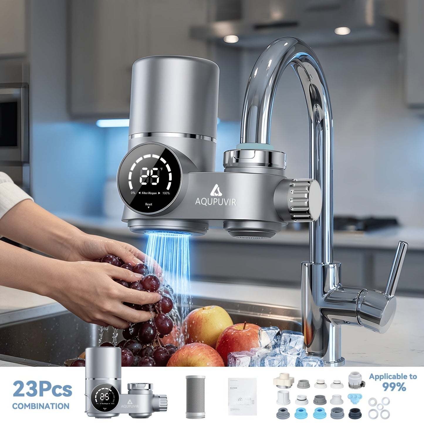 Faucet Mount Water Filter 264 Gallon Tap Filtration System w/ Temperature Display