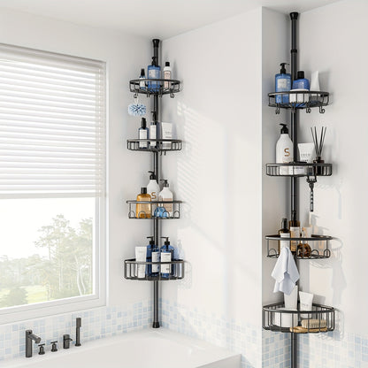 4-Tier Corner Shower Organizer Telescopic Pole Rustproof Bathroom Storage Black