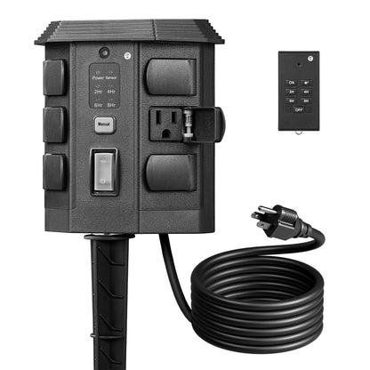 Outdoor Power Stake Timer w/ Remote, 6FT Cord, 6 Outlets, Dusk to Dawn Light Timer