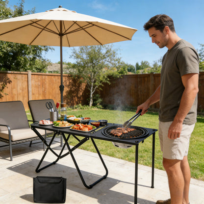Portable Outdoor Camping Kitchen Table Folding w/ Grill Tray BBQ Picnic - Black