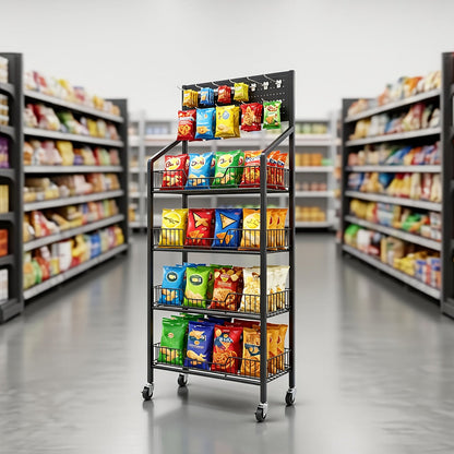 3/4/5 Tier Retail Display Rack Metal Snack Display Stand w/ Hooks & Wheels