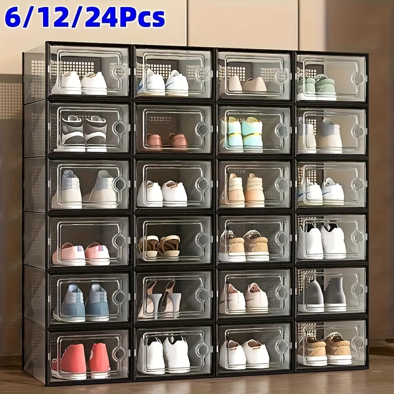 6/12/24PCS Clear Shoe Storage Boxes Stackable Foldable Sneaker Organizer Bin