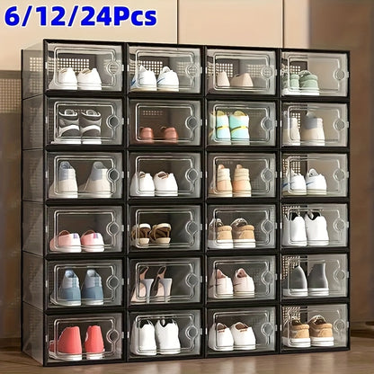6/12/24PCS Clear Shoe Storage Boxes Stackable Foldable Sneaker Organizer Bin