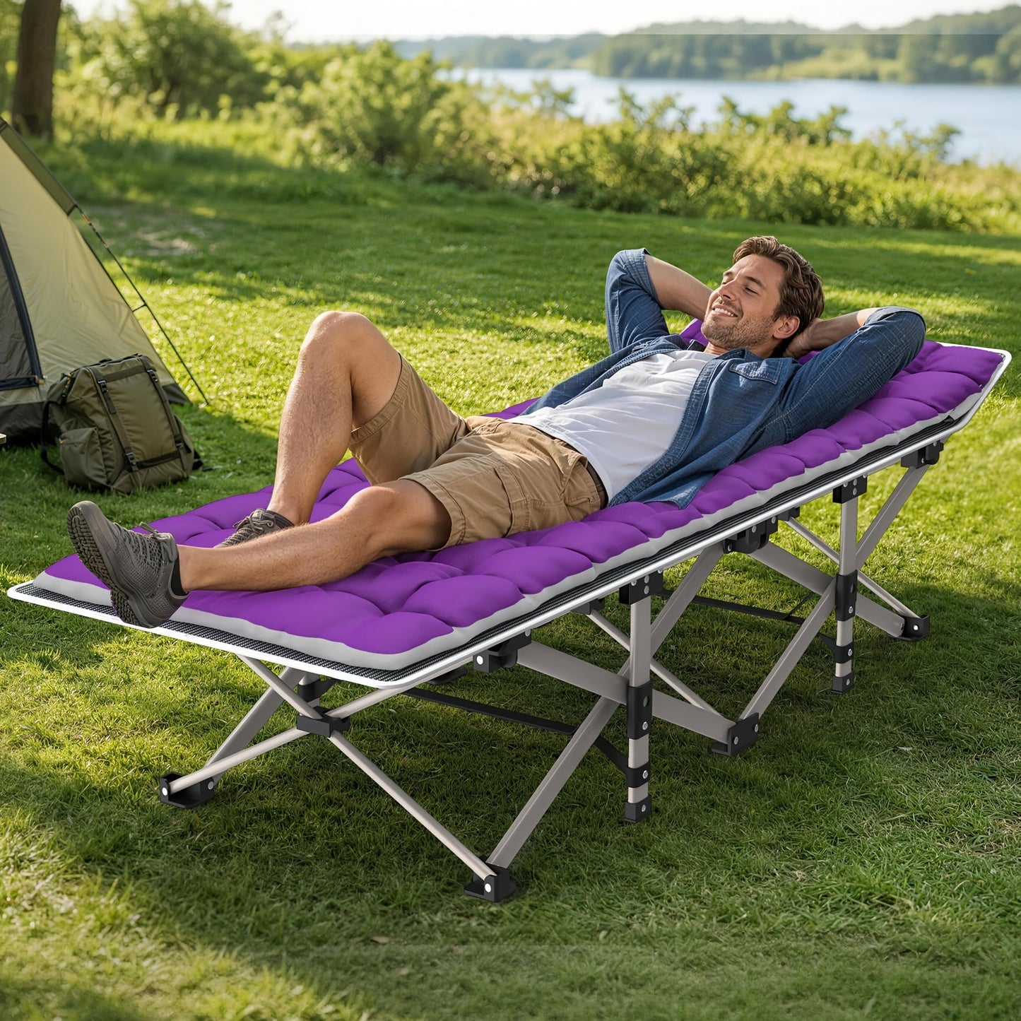 Folding Camping Cot Bed Adult Portable Heavy Duty Oxford Sleeping Cot w/ Pad Bag
