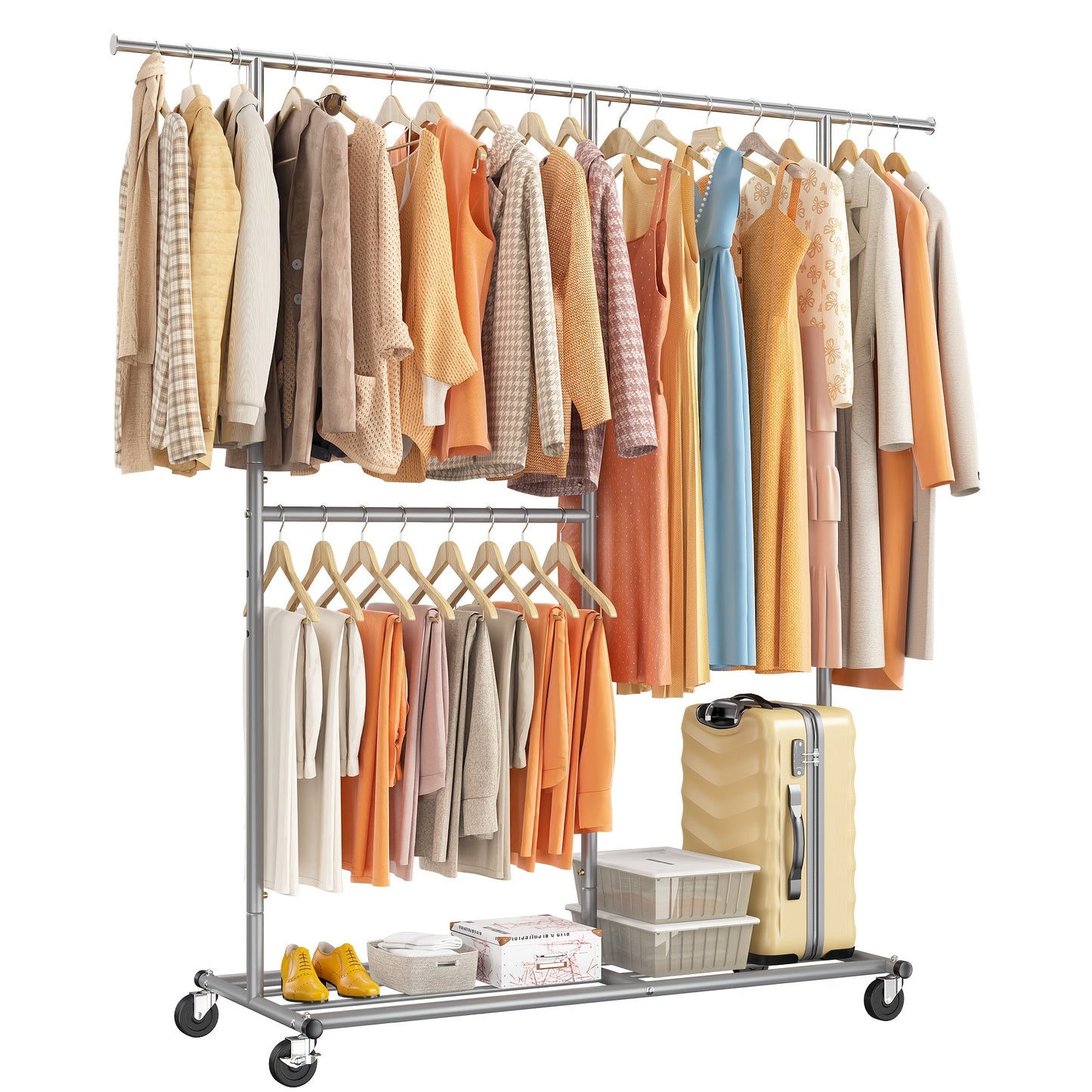 Raybee 74" Heavy Duty Clothes Rack Double Rod Garment Rack 630LBS w/Wheels