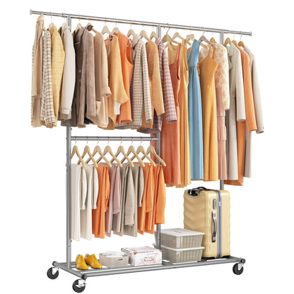 Raybee 74" Heavy Duty Clothes Rack Double Rod Garment Rack 630LBS w/Wheels