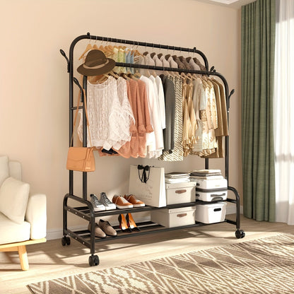 Heavy Duty Double Rod Clothes Rack w/ Wheels Shelves Hooks Garment Rack