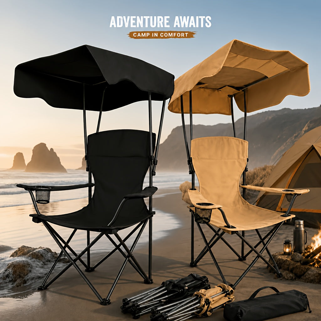Outdoor Camping Chair w/ Canopy Foldable Portable Chair Cup Holder Carry Bag