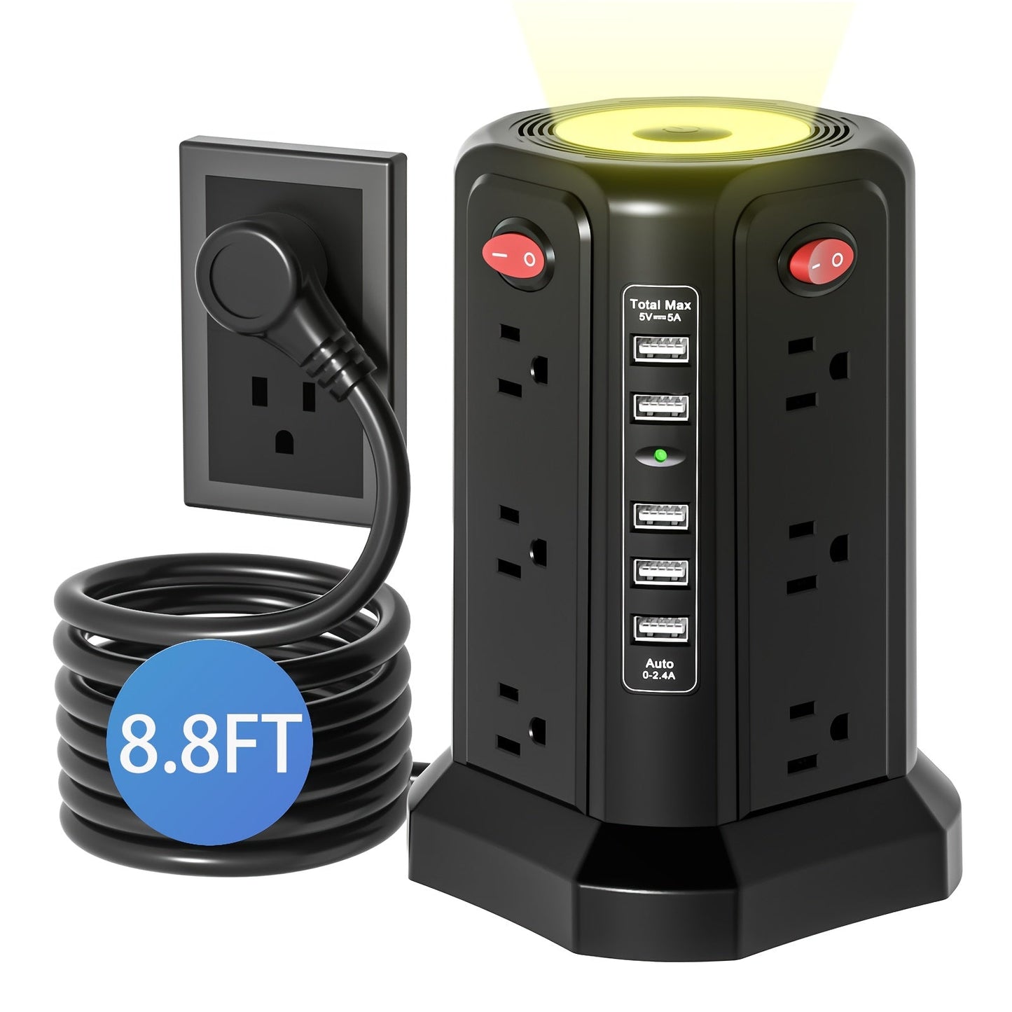 Power Strip Tower Surge Protector 12 AC Outlets 5 USB Ports 8.8ft Cord Gray