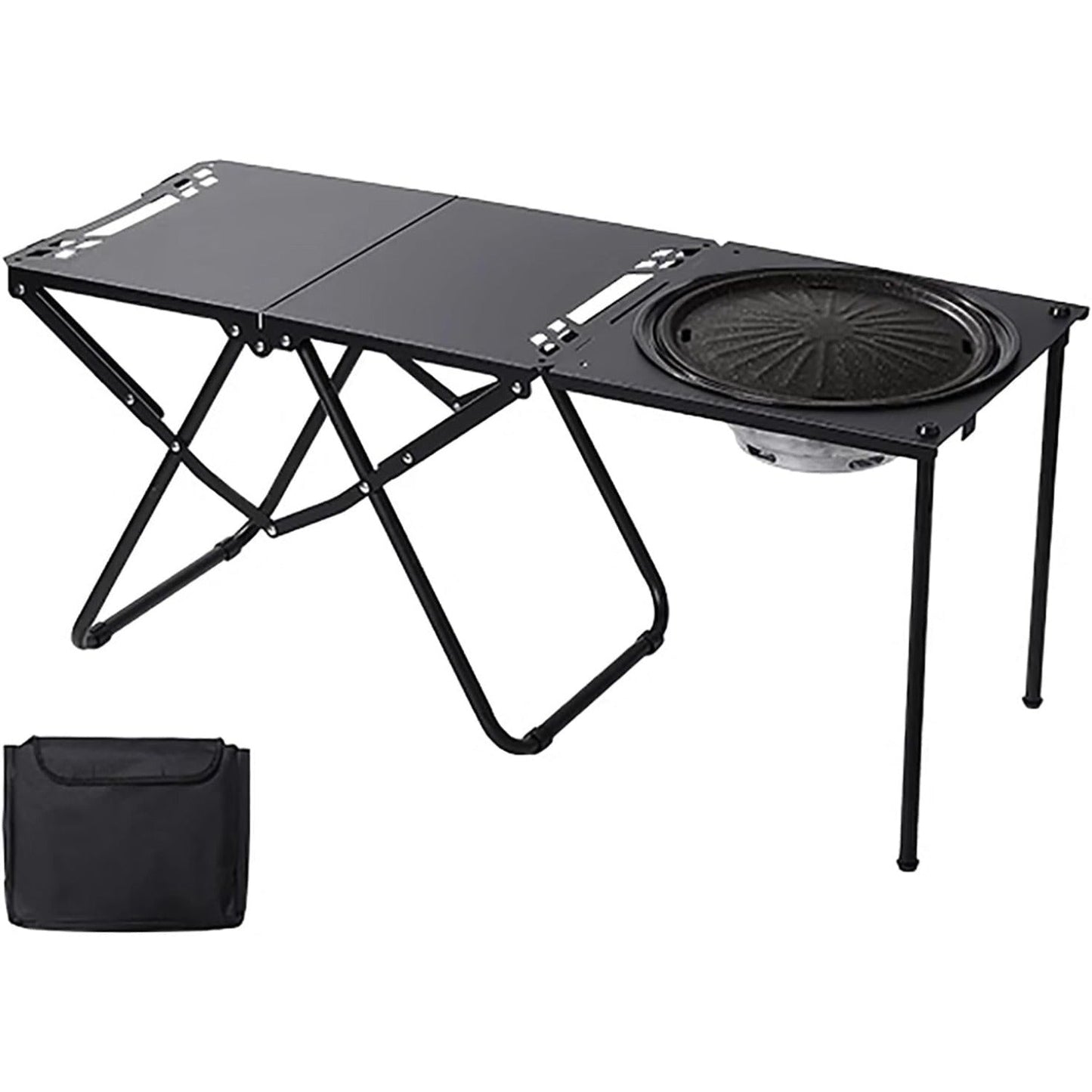 Portable Outdoor Camping Kitchen Table Folding w/ Grill Tray BBQ Picnic - Black
