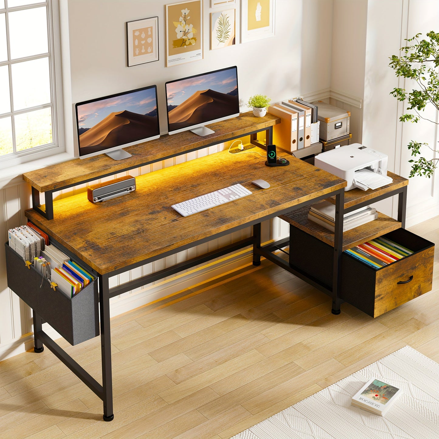 EnHomee 57" Computer Desk w/ Drawers Power Outlets Printer Shelf Home Office