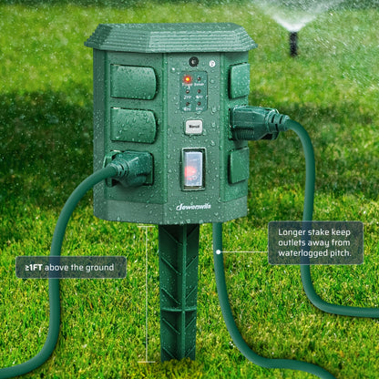 Outdoor Power Stake Timer w/ Remote, 6FT Cord, 6 Outlets, Dusk to Dawn Light Timer