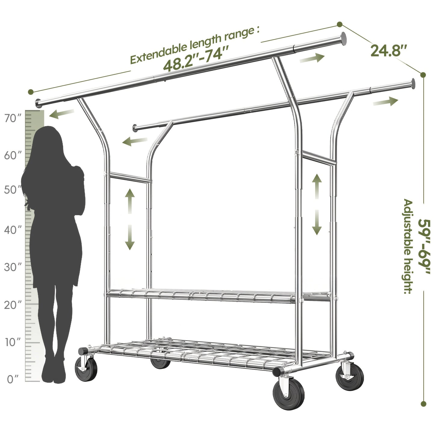 Raybee 74" Heavy Duty Clothes Rack Double Rod Garment Rack 630LBS w/Wheels