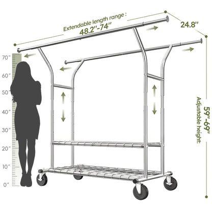 Raybee 74" Heavy Duty Clothes Rack Double Rod Garment Rack 630LBS w/Wheels