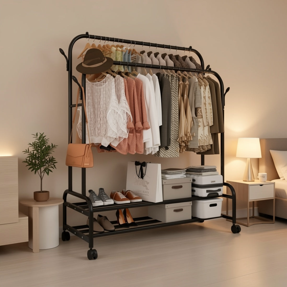 Heavy Duty Double Rod Clothes Rack w/ Wheels Shelves Hooks Garment Rack