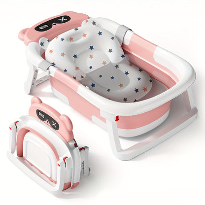 Foldable Baby Bathtub with Thermometer Soft Cushion Portable Baby Bath Tub