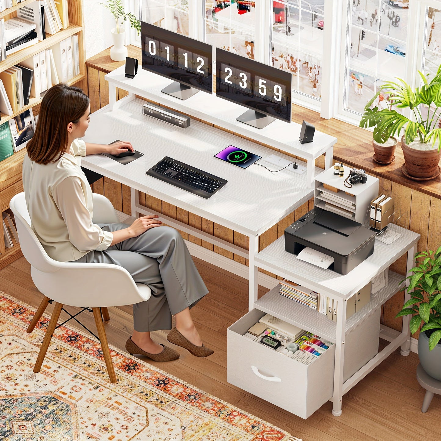 EnHomee 57" Computer Desk w/ Drawers Power Outlets Printer Shelf Home Office