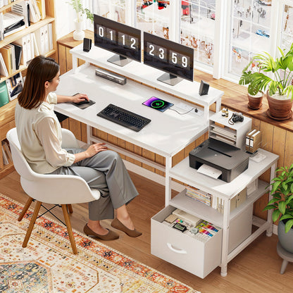 EnHomee 57" Computer Desk w/ Drawers Power Outlets Printer Shelf Home Office