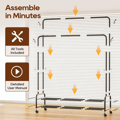 Heavy Duty Double Rod Clothes Rack w/ Wheels Shelves Hooks Garment Rack