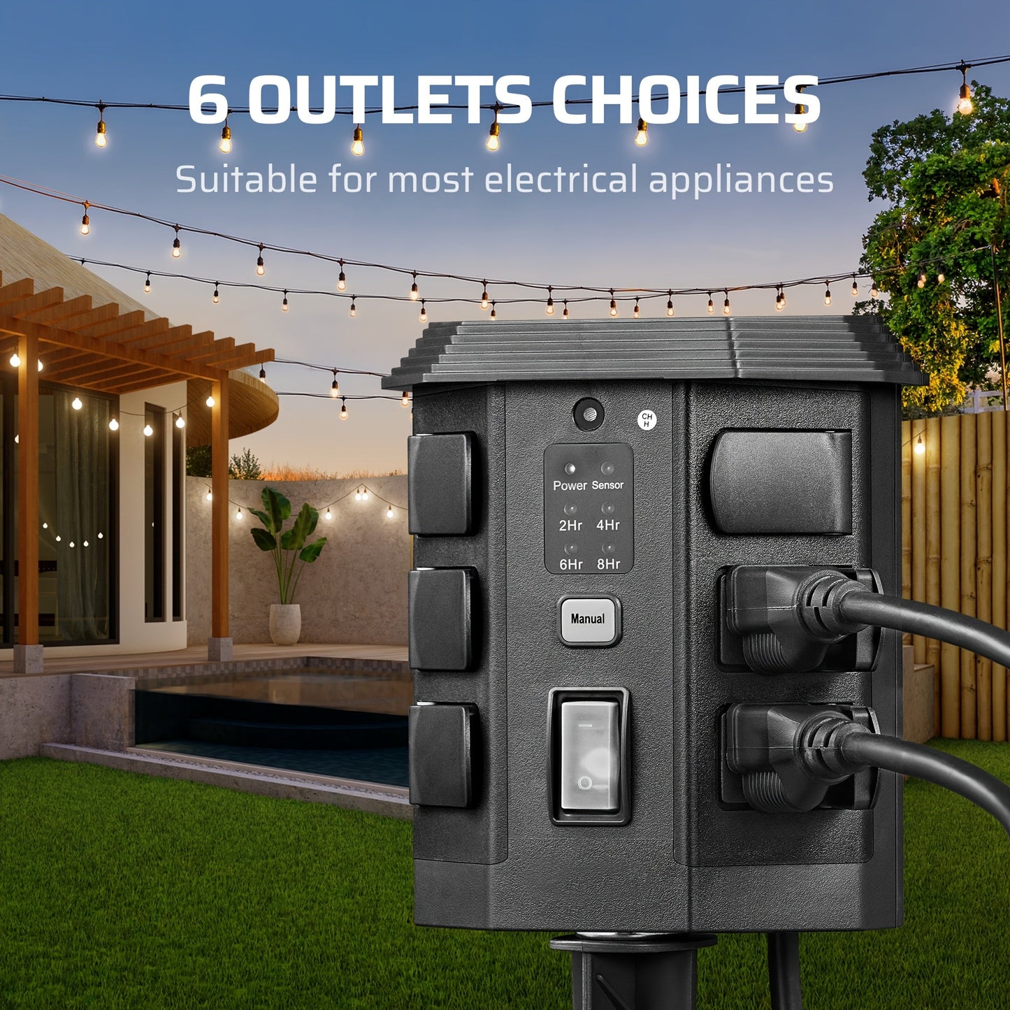 Outdoor Power Stake Timer w/ Remote, 6FT Cord, 6 Outlets, Dusk to Dawn Light Timer