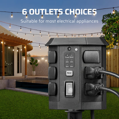 Outdoor Power Stake Timer w/ Remote, 6FT Cord, 6 Outlets, Dusk to Dawn Light Timer