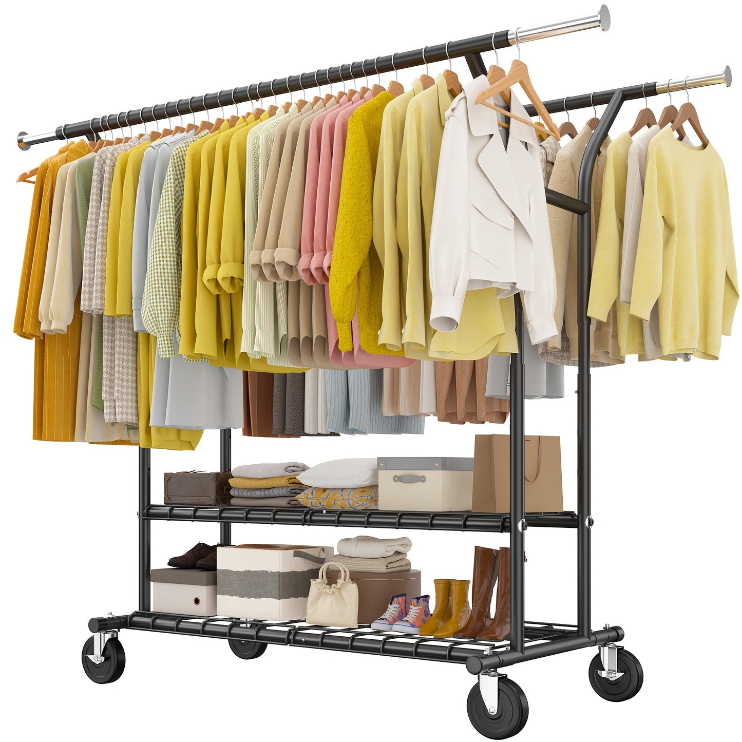 Raybee 74" Heavy Duty Clothes Rack w/ Wheels, Double Rod Adjustable Garment Rack 630LB