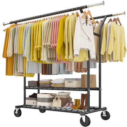 Raybee 74" Heavy Duty Clothes Rack w/ Wheels, Double Rod Adjustable Garment Rack 630LB