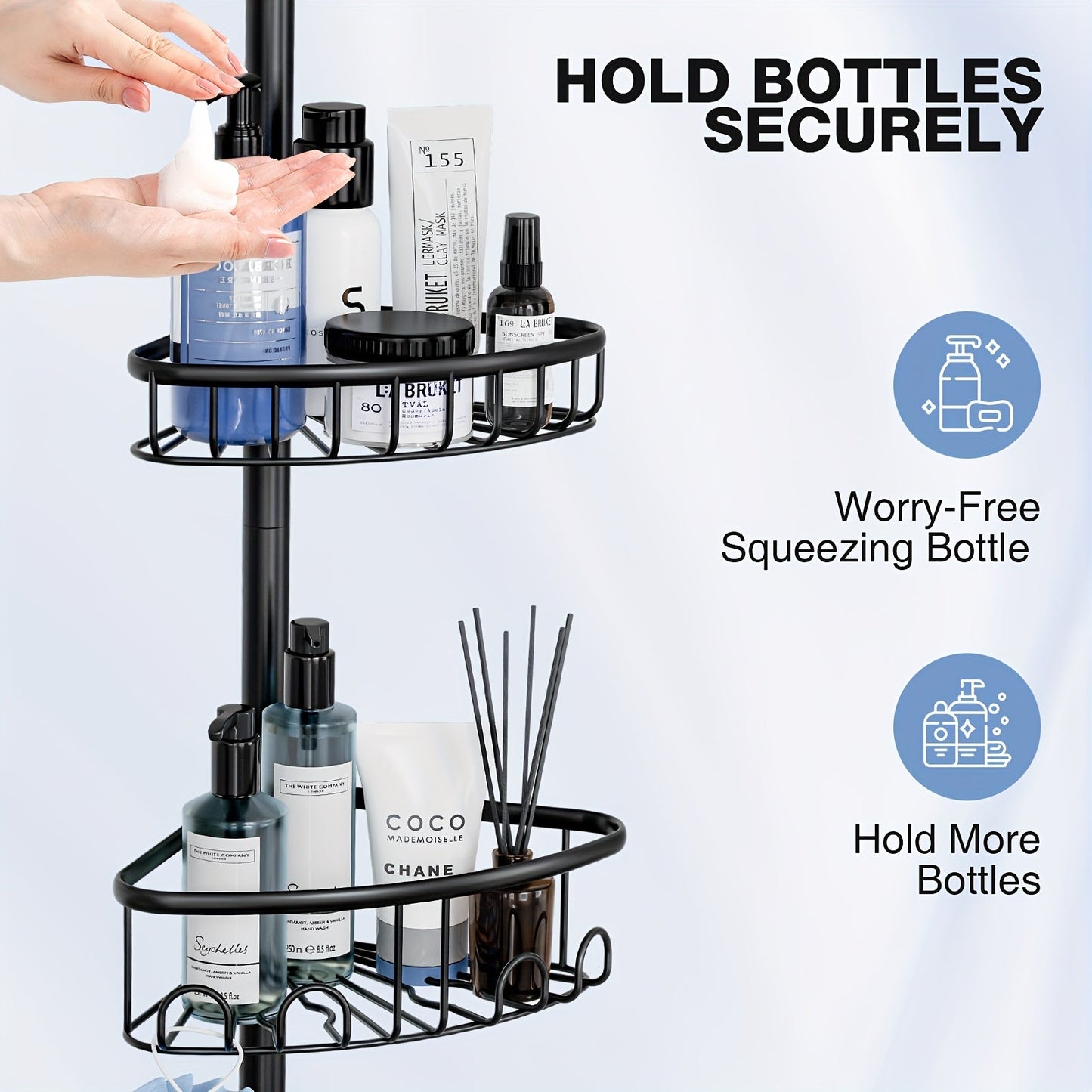 4-Tier Corner Shower Organizer Telescopic Pole Rustproof Bathroom Storage Black