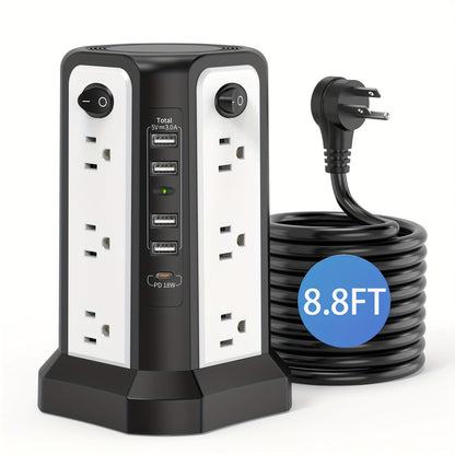 Power Strip Tower Surge Protector 12 AC Outlets 5 USB Ports 8.8ft Cord Gray
